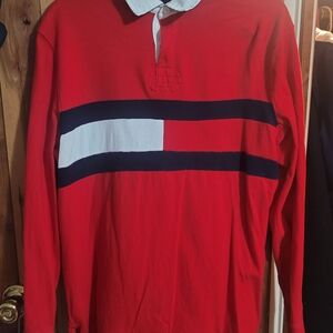 Tommy Hilfiger Red Rugby Polo with Navy and White Stripes